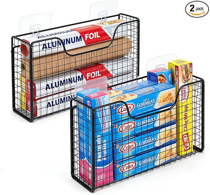 2 Pack Aluminum Foil Organizer, Foil and Plastic Wrap Organizer, Pantry Kitchen Cabinet Door Organizers, Self Adhesive Wall Mounted Storage Hanging Basket for Ziplock Bag, No-Drill, Mesh Metal