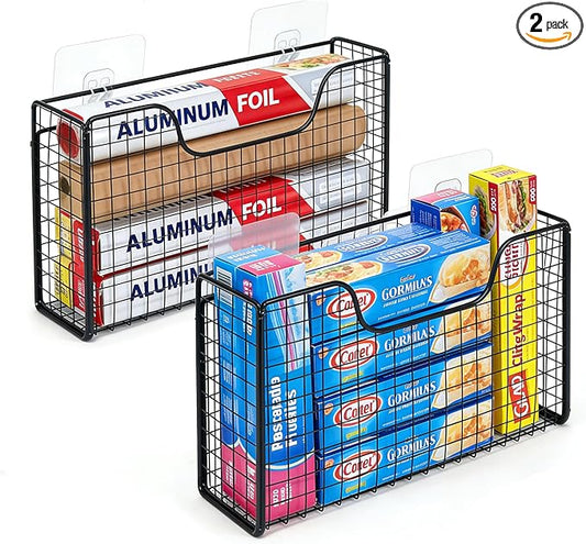 2 Pack Aluminum Foil Organizer, Foil and Plastic Wrap Organizer, Pantry Kitchen Cabinet Door Organizers, Self Adhesive Wall Mounted Storage Hanging Basket for Ziplock Bag, No-Drill, Mesh Metal