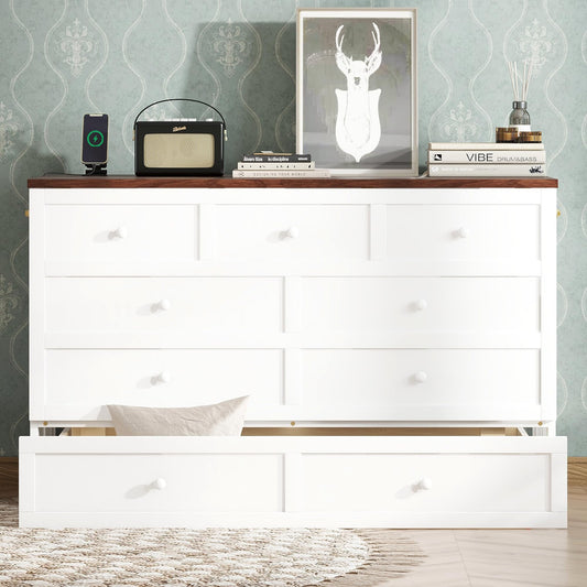 Bellemave Full Murphy Bed with Storage Drawer and Charging Station, Cabinet Bed, Farmhouse Murphy Cabinet with Foldable Panel, Noisy Free, for Guest Bedroom, Living Room, White+Walnut Panel