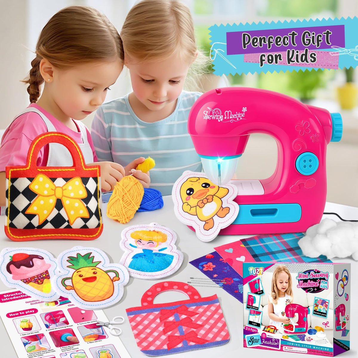 TUZT Mini Sewing Machine Toy Kit for Kids Beginners, 22pcs Portable Electric Sewing Machine with Sewing Kit, Light and Finger Guard, Birthday Christmas Gift for Kids Girls 4-12