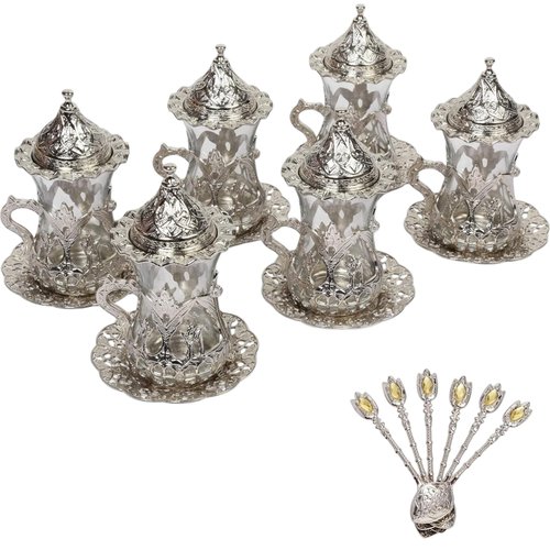 Alisveristime (SET OF 6 Handmade Turkish Tea Water Zamzam Serving Set Glasses Saucer (Silver)