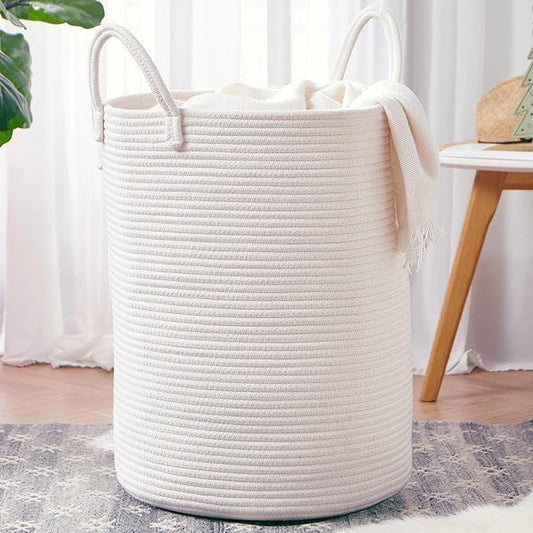 80L Extra Large White Hamper Tall Woven Laundry Basket Cotton Rope Blanket Basket for Living Room Clothes Hamper in Bedroom 16"L x 16"W x 22"H