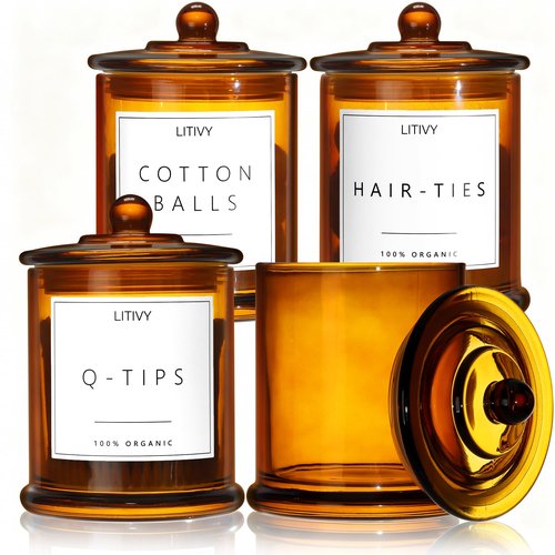 LITIVY 4 Pack Bathroom Organizers and Storage - 16 Oz Glass Qtip Holder & Cotton Pad Dispenser with Lid, Apothecary Jars for Home, Room Decor, Kitchen Organizer (Amber)