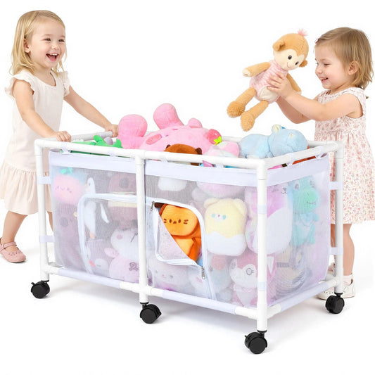 FIOBEE Toy Box for Girls Boys with See-through Mesh & 360° Rotating Wheels Toy Chest Organizer Easy Install Stuffed Animal Storage for Nursery Playroom Toy Storage Bin, White