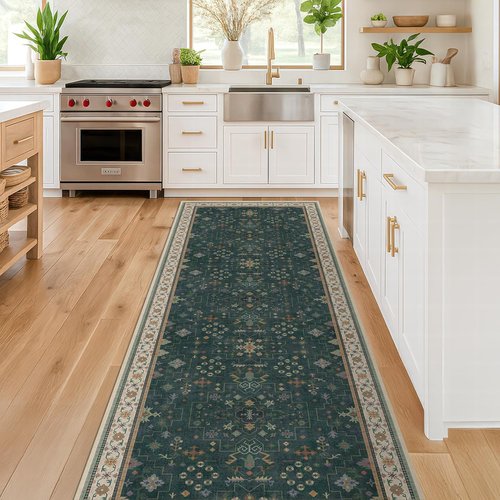 Hazo Haus Vintage 2x7 Washable Runner Rug - Non-Slip, Stain Resistant | Dark Green Floral Design for Kitchen & Hallway