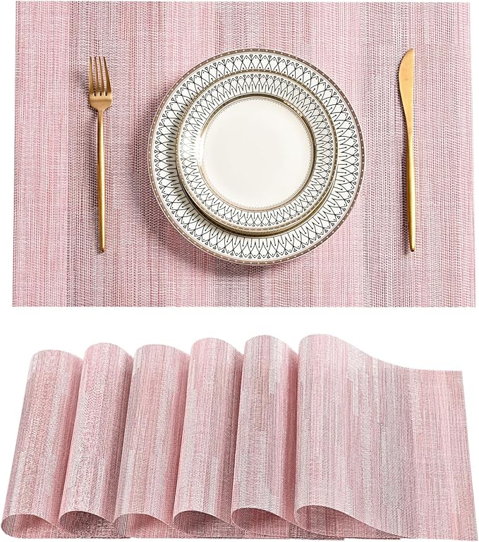 Leetaltree Misty Rose Placemats Set of 6 - Heat Resistant Non-Slip Place mats for Dining Table, Washable Durable PVC Vinyl Woven Table Matsï¼Misty Rose, 6ï¼