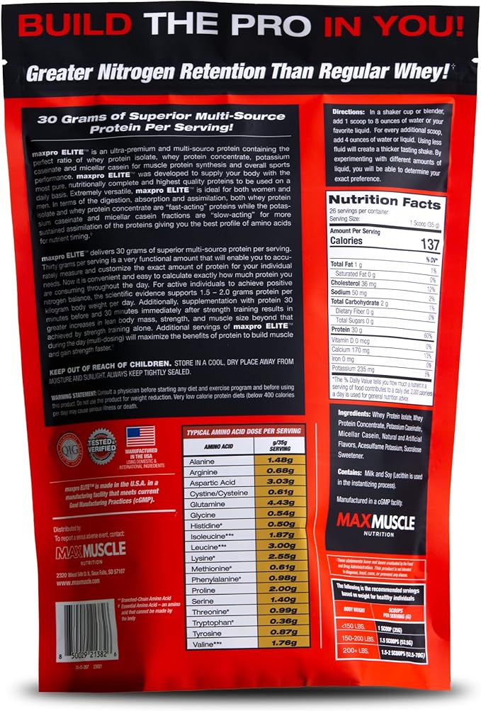 Max Muscle Maxpro Elite Whey Protein Powder | 30g Protein | 0g Sugar | 6.6g BCAAs | Micellar Casein Cold Filtered Whey Isolate Protein | Promotes Muscle Growth & Recovery (Vanilla Ice Cream 2lb)