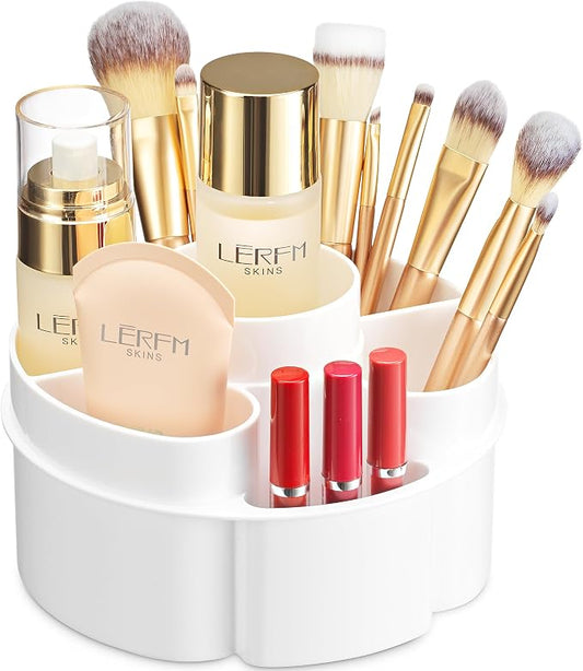 Masirs Small 360 Rotating Makeup Organizer - Mini Yet Spacious Cosmetic Storage Solution with Multiple Compartments - The Perfect Spinning Make-Up Caddy for Vanity or Bathroom Counter (Round - White)
