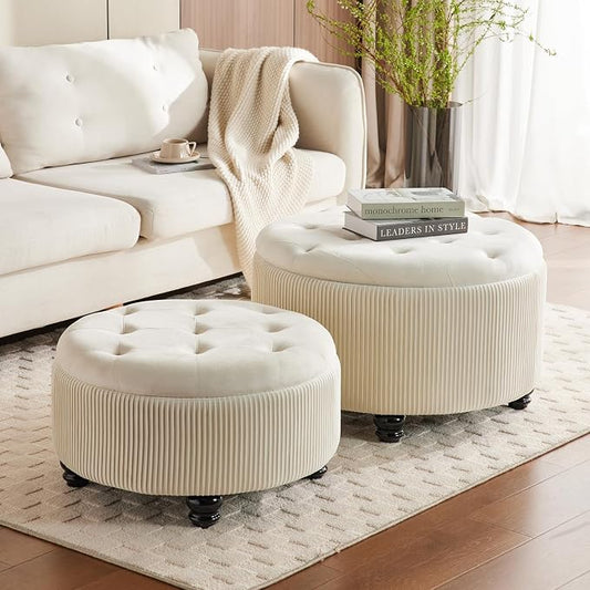 Round Ottoman with Storage Set of 2 Upholstered Velvet Vanity Stool for Living Room Storage Ottomans Multifunctional Foot Rest (Large-Off White)