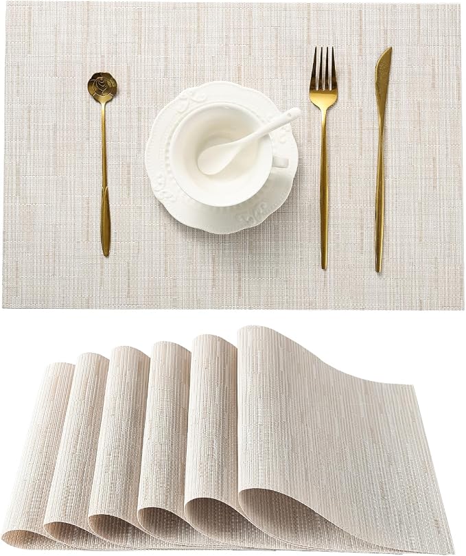 Leetaltree Pale Beige Placemats Set of 6 - Heat Resistant Non-Slip Place mats for Dining Table, Washable Durable PVC Vinyl Woven Table Matsï¼Pale Beige, 6ï¼