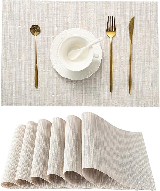 Leetaltree Pale Beige Placemats Set of 6 - Heat Resistant Non-Slip Place mats for Dining Table, Washable Durable PVC Vinyl Woven Table Matsï¼Pale Beige, 6ï¼