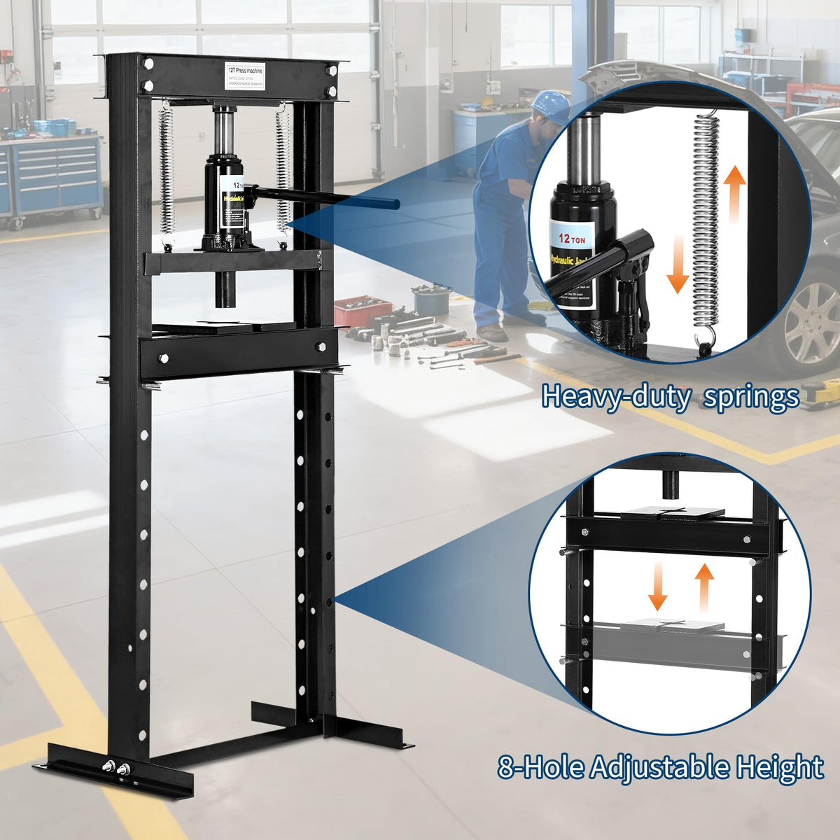 12 Ton H Frame Hydraulic Shop Press,Heavy Duty Garage Floor Press with Adjustable Height Stamping Plates,Built in Relief Valve for Bending Straightening Bearings u Joints Car Repair Professional Use