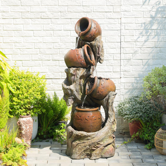 47" H Outdoor Water Fountain with LED Lights, 4-Tier Cascading Water Fountain for Indoor & Outdoor Use, Garden Patio Waterfall Fountain with Rustic Wood-Style Design for Porch, Backyard Décor