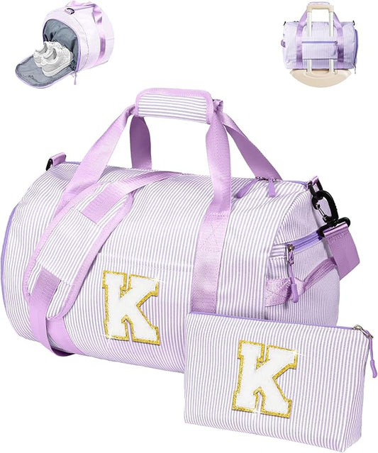 Gifts for Niece, Girl Gym Bag, Kids Initial Overnight Duffel Bags with Shoe Compartment, Personalized Dance Bag with Makeup Pouch, Birthday Gift for Sister Granddaughter (Letter K)