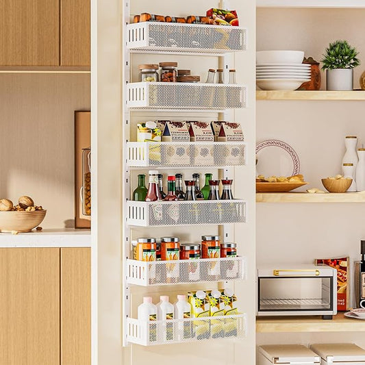 6-Tier Over The Door Pantry Organizer with Mesh Baskets, Adjustable & Stable Hanging Spice Rack for Kitchen, Bathroom, Bedroom, and Baby Essentials Storage
