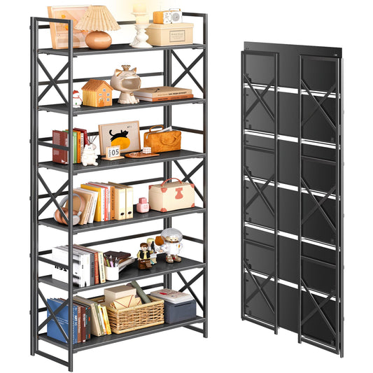 4NM Extra Wide 6 Tiers No Assembly Book Shelves, 61.8" H Folding Bookshelf Bookcase Open Industrial Foldable Shelves for Bedroom, Living Room, Home Office - All Black