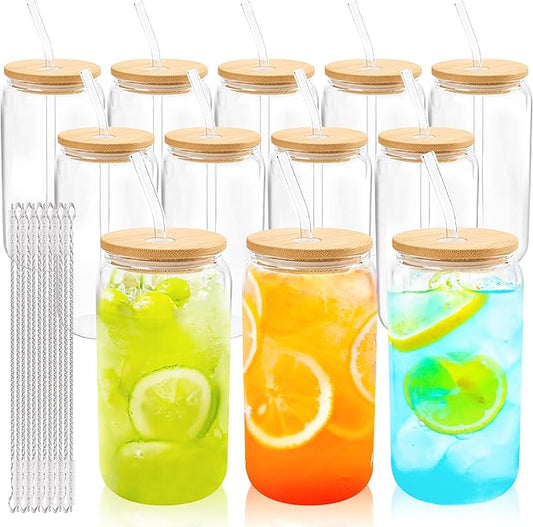Joyclub 12 Set Glass Cups with Bamboo Lids and Glass Straws 16oz Can Shaped Reusable Clear Iced Coffee Glasses Bulk Set Drinking Jars wholesale for Party Weddings Cafes Boba Shops Gifts DIY