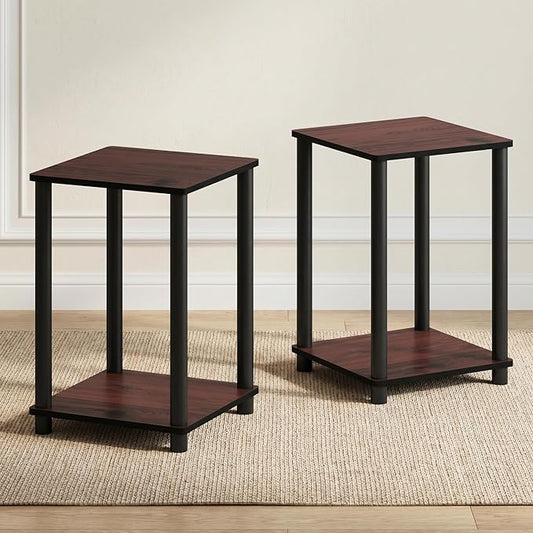 Furinno Turn-N-Tube Toolless Assembly Side Table Set of 2, Stackable 2-Tier Brown End Table with Open Shelf, Night Stand, Bedside Table, for Living Room, Bedroom, Cherry Oak