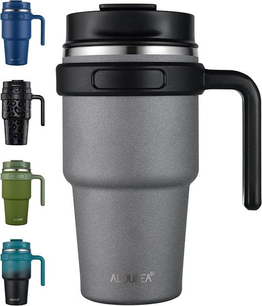 20 oz Insulated Coffee Mug Tumbler with Handle, Stainless Steel Travel Mug Tumbler with Lid and Straw, Double Wall Vacuum Leak Proof Ice Coffee Thermal Cup, Gray