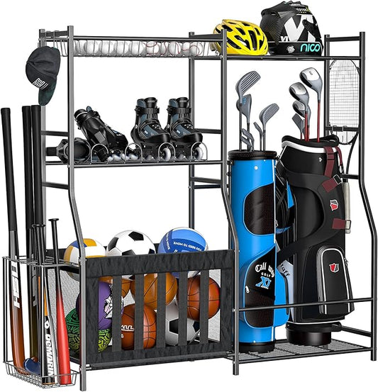 Ultrawall Golf Storage Organizer, Golf Bag Storage Stand for Garage, Golf Equipment Rack with Wheels Fits 2 Golf Bags and Golf Equipment Accessories