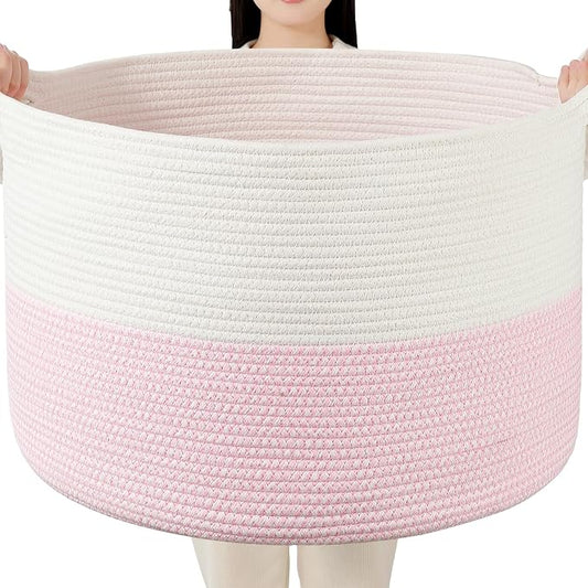 Foldable Laundry Hamper Basket with Collapsible Handle Cotton Rope Soft Woven Fabric Storage Organizer Clothes Toys Nursery Bedroom Dorm Space Saving Bin (White & Pink, 65L(19.7"D x 12.6"H))