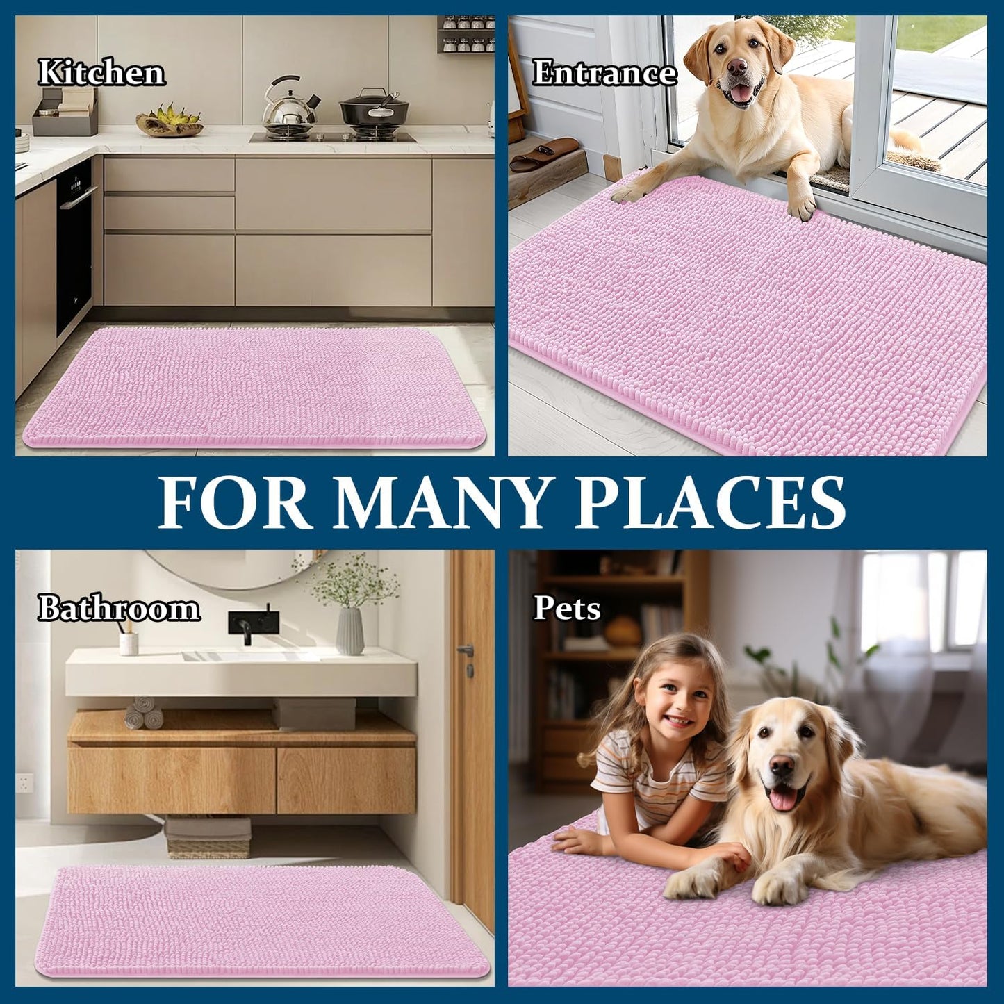 OLANLY Dog Door Mat - Absorbent Non-Slip Chenille Mat for Muddy Paws | 59x24 Inches, Pink