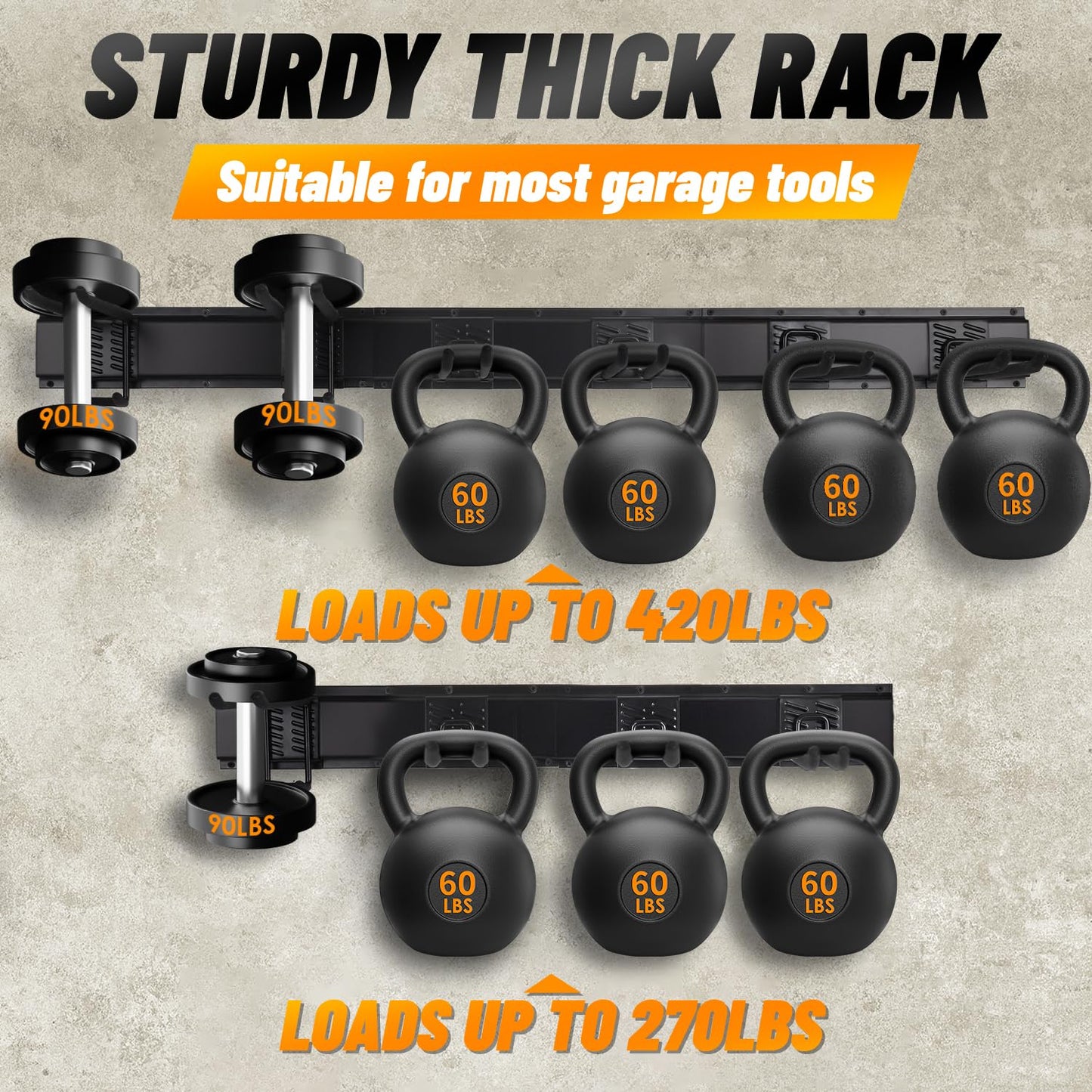 32‘’/48‘’ Garage Storage, Garage Organization, Garden Tool Organizer Wall Mount, 420lbs Adjustable Heavy Duty Metal Hanging Hooks, Yard Rack Hanger System Shovel Rake Broom Ladder Holder, Men Gift