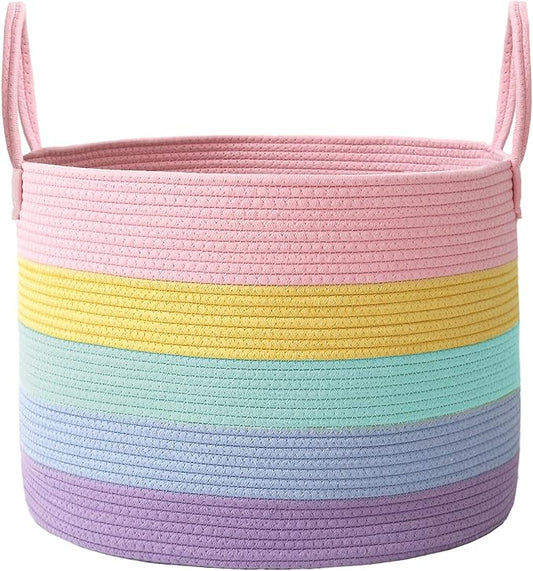JMvicyroam 65L Extra Large Blanket Basket for Living Room - Woven Cotton Rope Laundry Hamper with Reinforced Handles - Storage Bin for Pillows, Comforters & Toys - Machine Washable,Rainbow