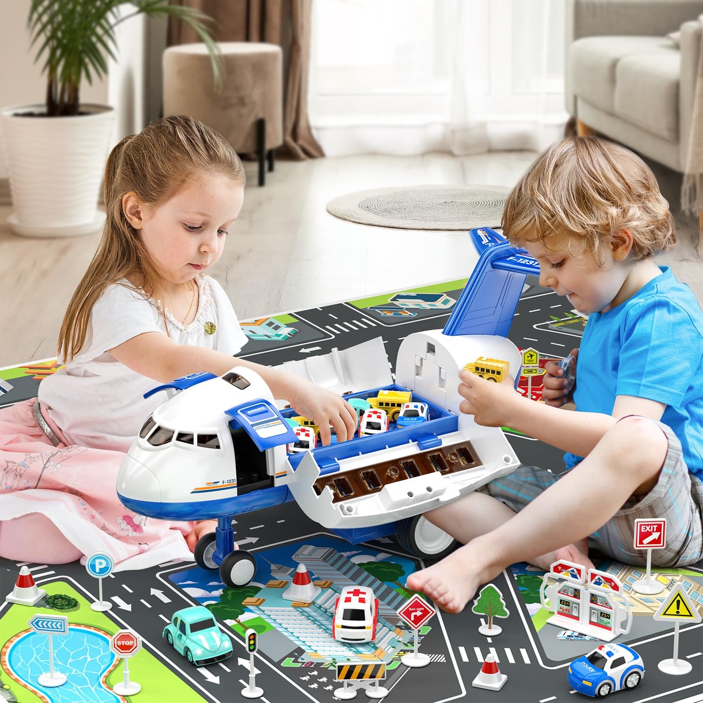 DULONIME Airplane Toys for Toddlers 3-5 - Car Race Tracks for Kids Ages 4-8 with 8 Small Car Toys, Educational Toys for Kids Ages 4-8, Birthday Gifts for Boys 3-5, Birthday Gifts for Boys Girls 4-7