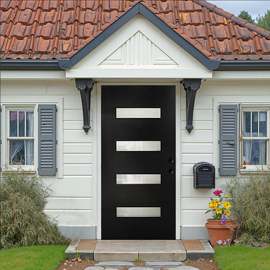 Casaphoria 36" x 80" Fiberglass Front Door with White 4-9/16" Vinyl Frame,Left Hand Inswing Exterior Door with Brickmould,Contemporary Wooden Grain Knock-Down Entry Door for Home Entrance, Black
