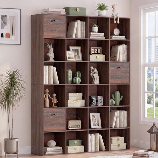 24 Cube Storage Rack, Walnut Wood Bookshelf with 3 Fabric Drawers, Freestanding Bookcase for Library, Office, 6-Tier Display Shelf for Living Room, Entryway Organizer Open Book Shelf, Brown Color