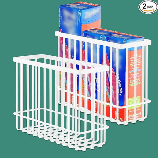 2 Pack Cabinet Door Organizer, Foil and Plastic Wrap Organizer, Wall Mounted Kitchen Organizers and Storage Wire Basket, Pantry Door Storage Kitchen Wrap, White