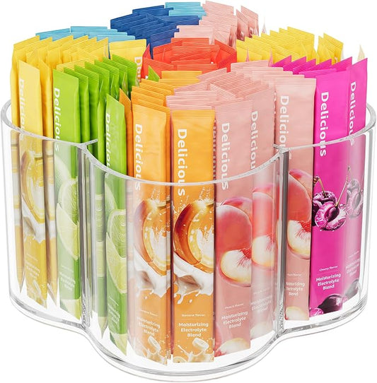 Drink Packet Organizer for Powdered Drink Mix, Divided Rotating Lazy Susan for Powder Packet, Clear Turntable Organizer Tray for Water Flavor Packets, Powder Mixes