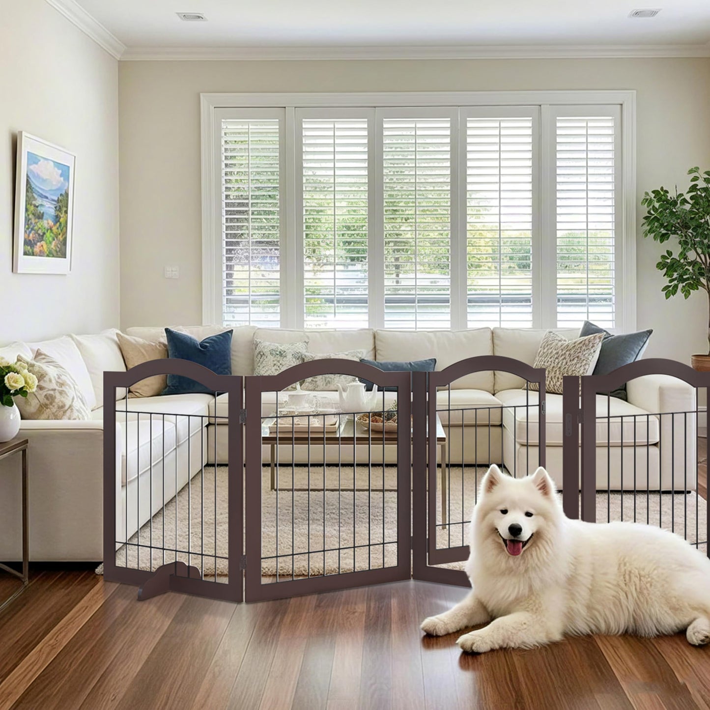 Vantas Folding No-Assembly Dog Door Pet Gate 96" Wide, 30" Tall Wooden Dog Gate with Door Walk Through, Freestanding Wire Pet Gate, Pet Puppy Safety Fence, with 2PCS Support – Espresso