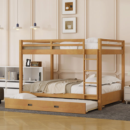 Bellemave Queen Over Queen Size Bunk Bed with Trundle for Kids/Adults,Solid Wood Bunk Bed Frame Queen Size with Ladder & Safety Guardrails,Wood Color