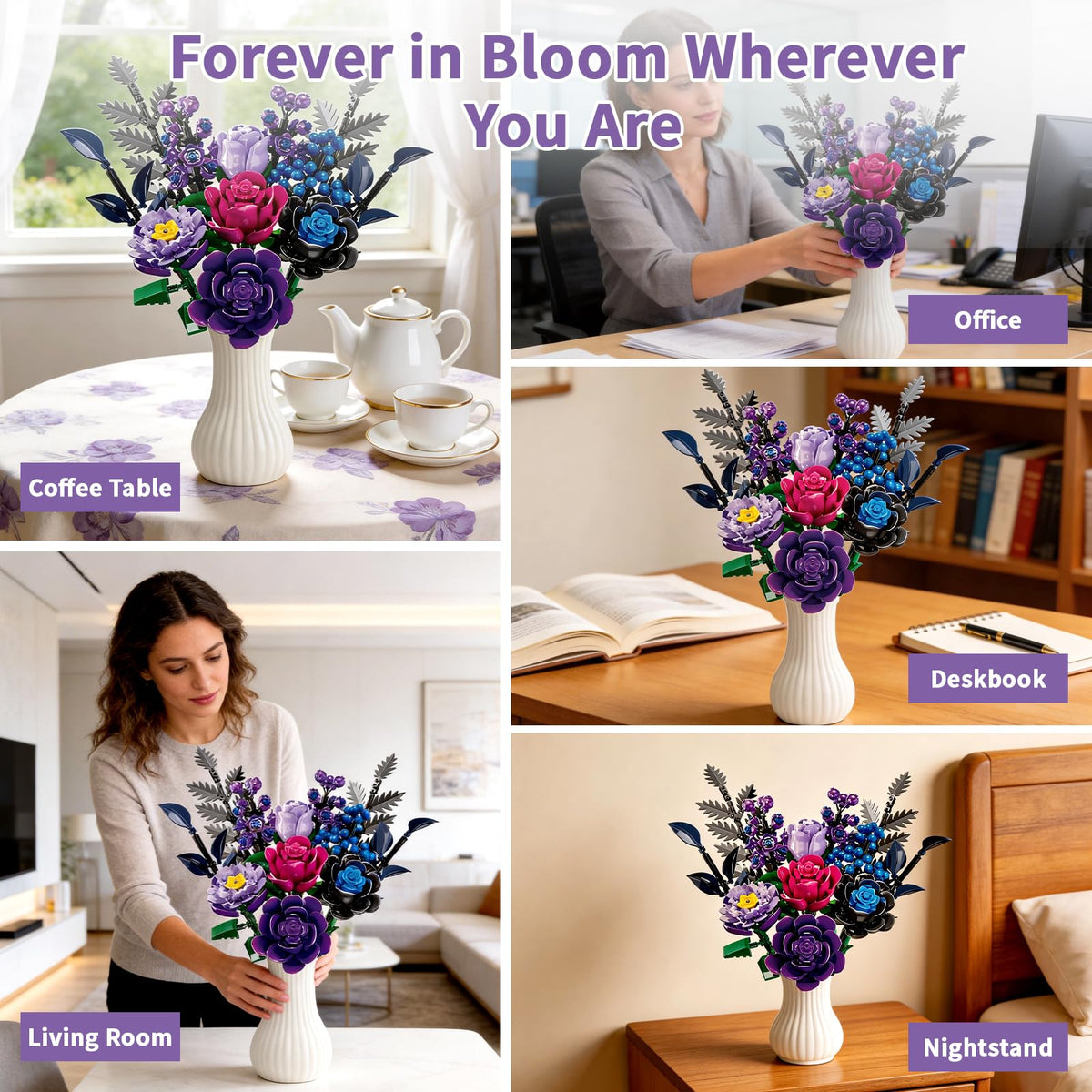 YOIUSFR 759 Pcs Purple Rose Flower Bouquet Building Set, Botanical Collection Kit Artificial Fake Flowers Blocks, Home Table Decor Aesthetic for Gifts for Mom, Birthday, DIY Craft