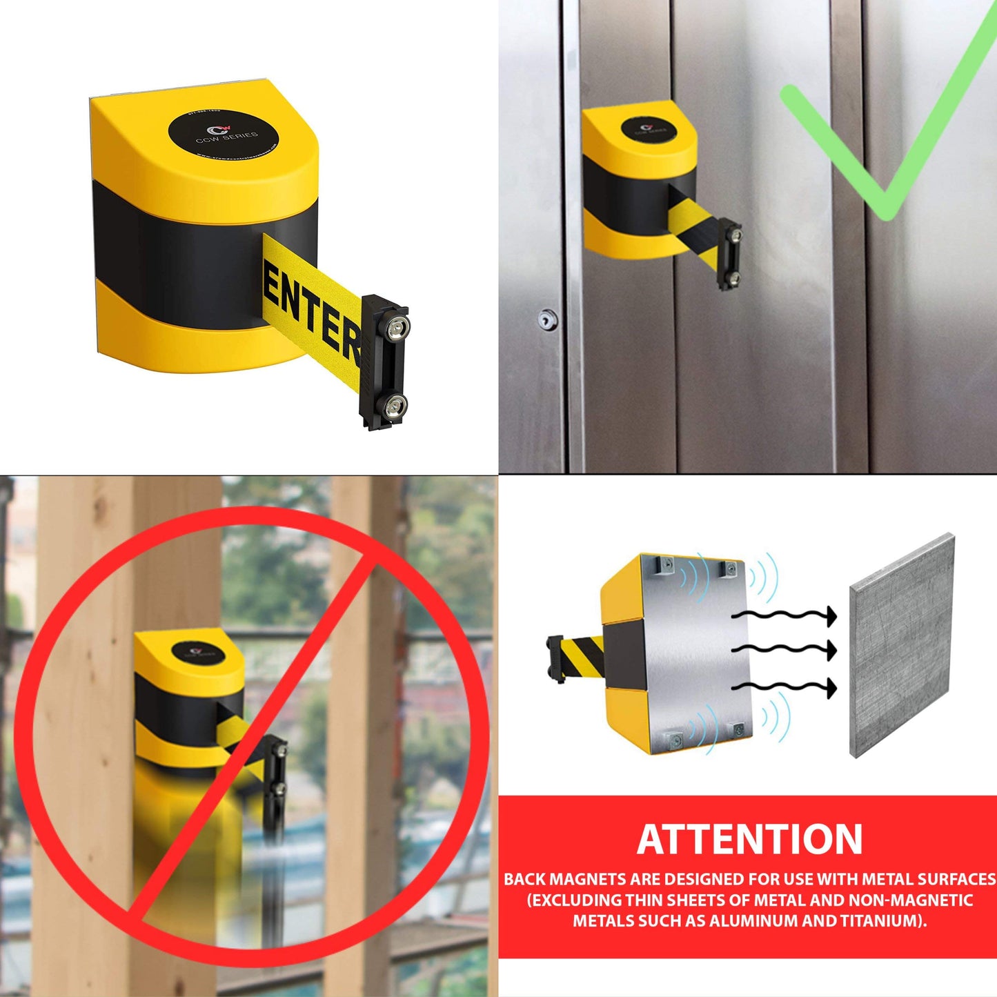 Crowd Control Warehouse - CCW Series WMB-220 Magnetic Wall Mount Retractable Belt Barrier - 15 Foot, Red with"NO Entry" White Letters Belt with Black ABS Case