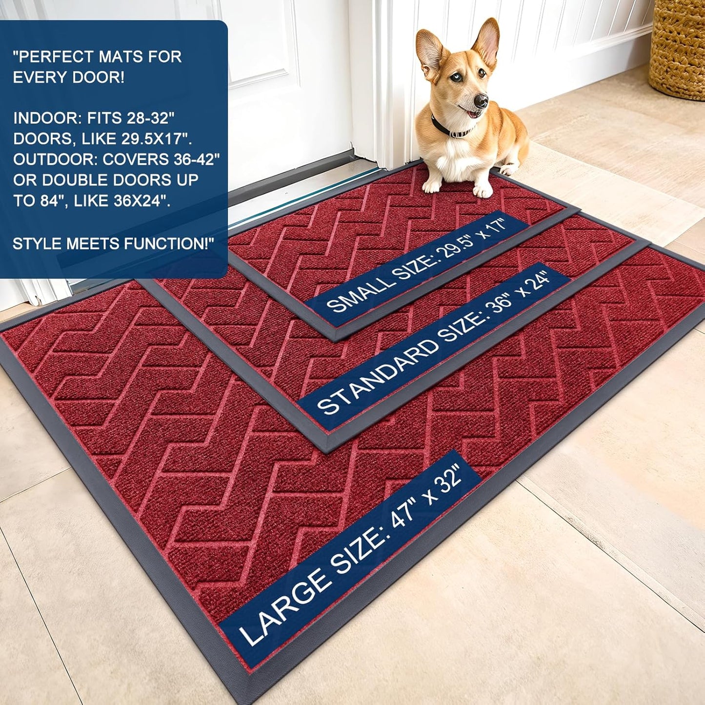 OLANLY Waterproof Front Door Mat - All-Season Herringbone Design, Easy Clean Natural Rubber | Wine Red, 29.5x17