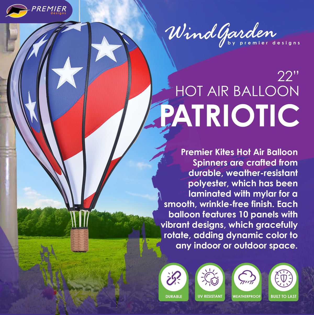 Hot Air Balloon Hanging Garden Spinner 22" - Vibrant Patriotic Design, Weather-Resistant Outdoor Decor, Durable & Lightweight for Patios, Yards, and Gardens - Eye-Catching Wind Spinner