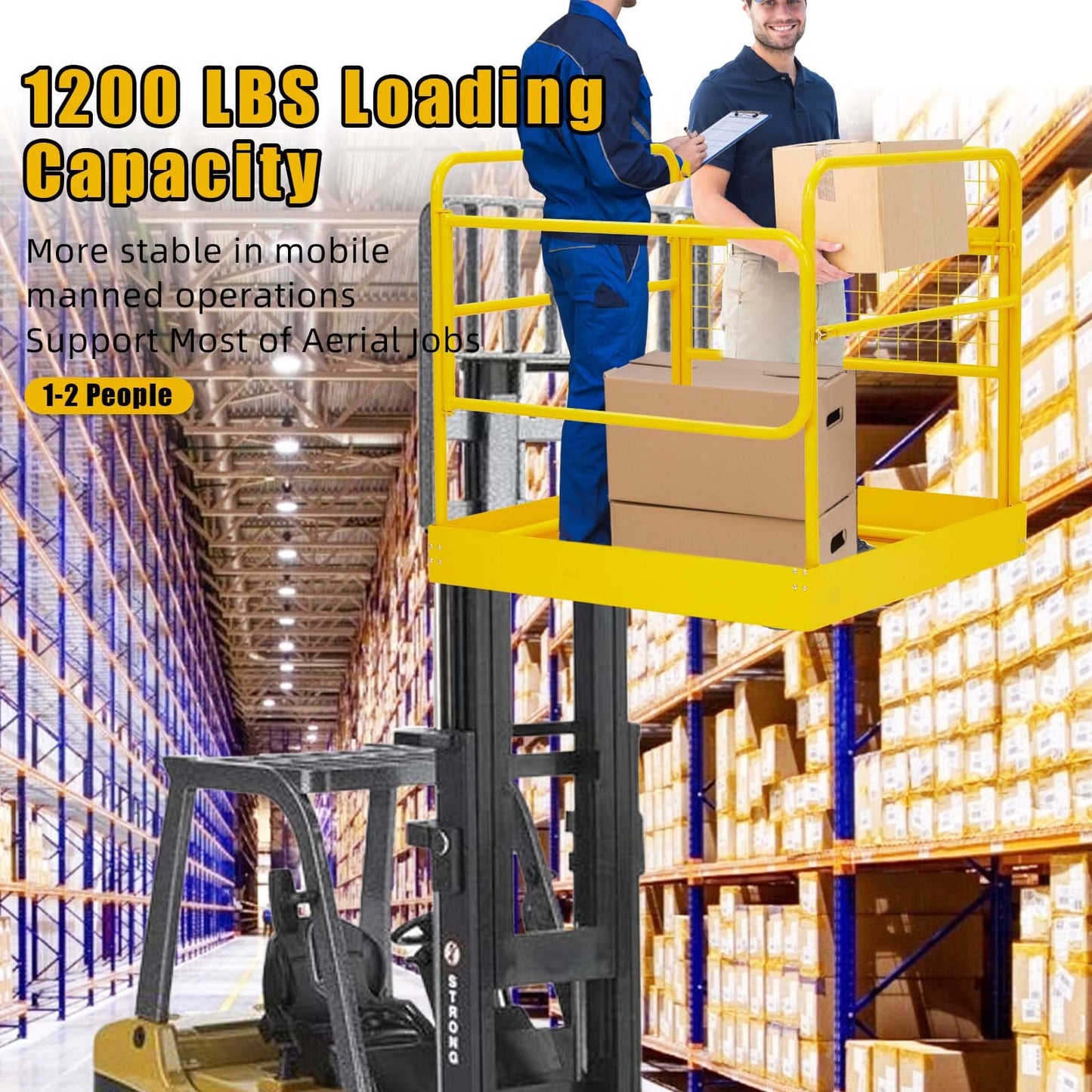 Forklift Safety Cage, 36"x36" inch Heavy Duty Collapsible Forklift Work Platform, 1200LBS Capacity with 4 Universal Wheels Aerial Platform Collapsible Lift Basket Aerial Rails for Lifting Loader