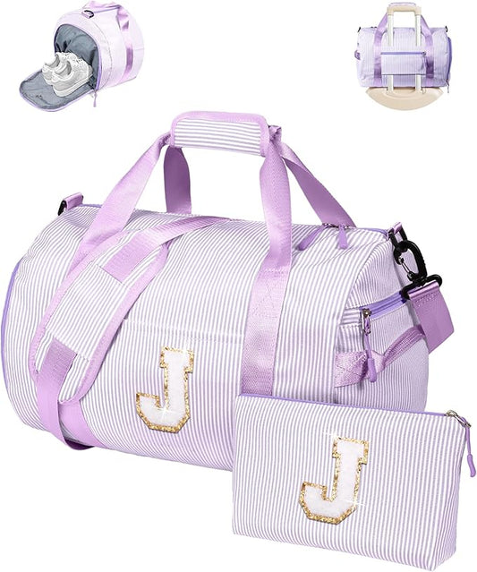 Birthday Gifts for Granddaughter, Girl Gym Bag, Kids Initial Overnight Duffel Bags with Shoe Compartment, Personalized Dance Bag with Makeup Pouch, Purple Gift for Little Kid (Letter J)