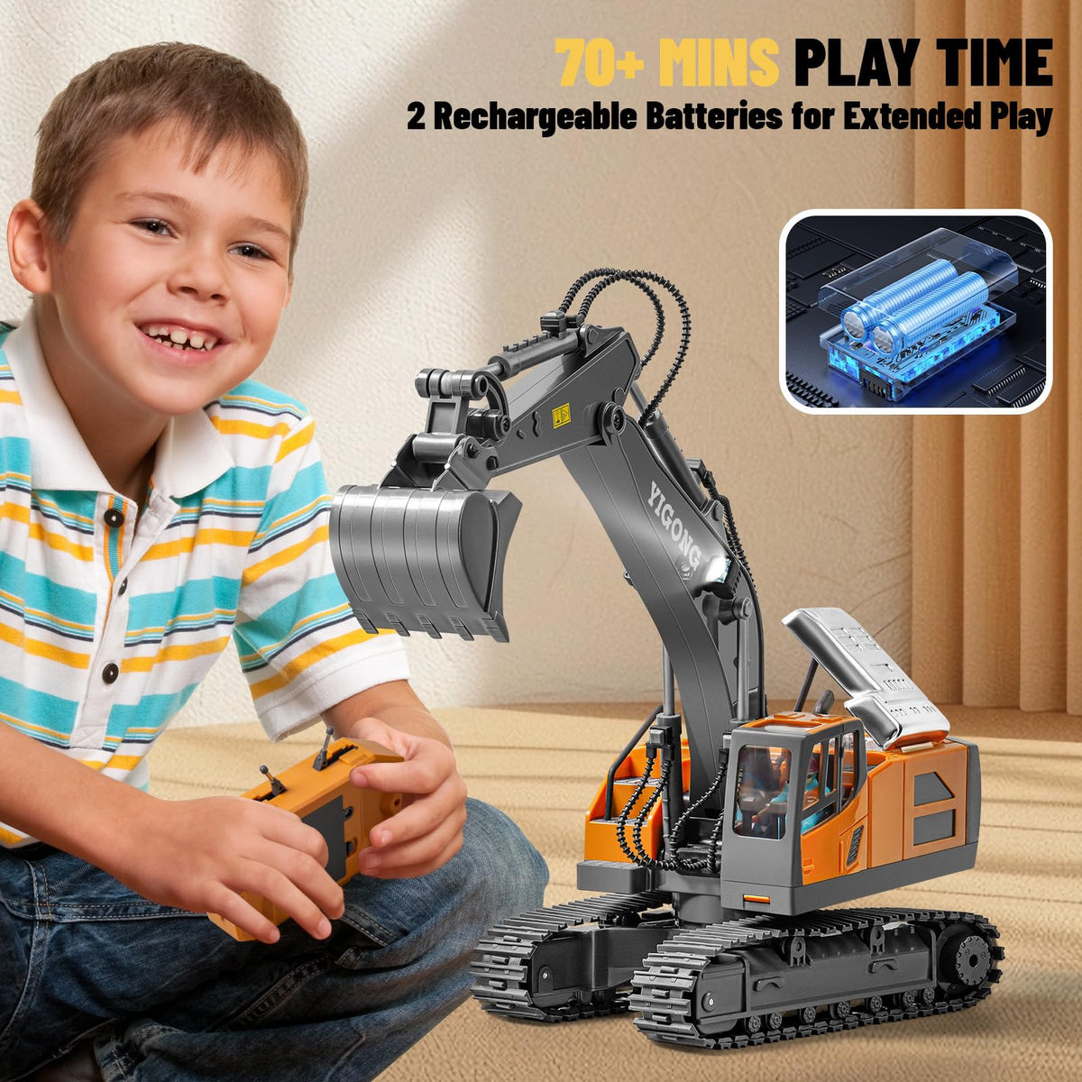 SJYN Remote Control Excavator Toy, 11 Channel RC Construction Digger with Metal Shovel, Lights & Sounds, 2.4GHz Rechargeable All-Terrain Excavator for Kids 3-14, Perfect for Sand, Dirt & Outdoor Play