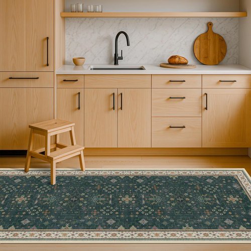 Hazo Haus Dark Green Kitchen Runner Rug - Modern Vintage Boho Floral Pattern | Washable Non-Slip 2x8 ft
