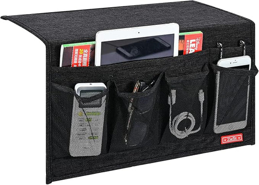 Zafit Linen 6 Pockets Bedside Caddy, Bedside Storage Organizer for Magazine, Remotes, Phone (Black)