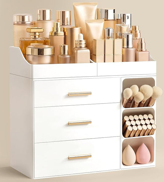 HBlife Makeup Organizer Countertop with Brush Holder,Large Bathroom Counter Organizer with Drawers,Skincare Organizers for Vanity,Plastic Dresser Organizer Storage Gift for Women Girl Mom,All White