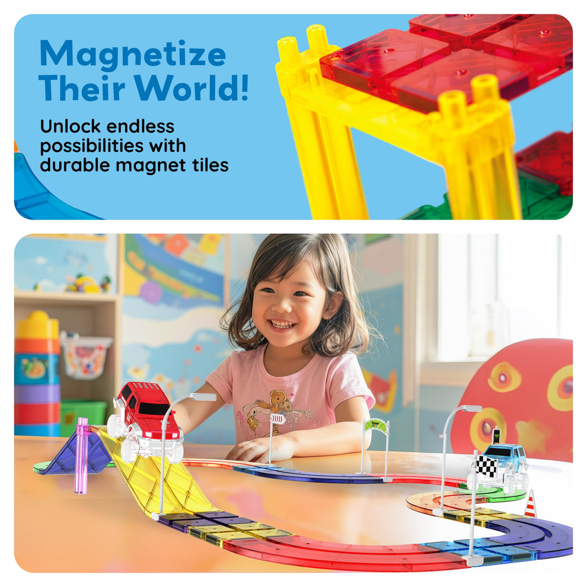 PicassoTiles 45pc Magnetic Tiles Race Track Set With 2 Racing Cars Plus Traffic Accessory Kit STEM Educational Learning Construction Building Magnet Tile Toy For Toddlers Boys Girls Kids Age 3+ PTR451
