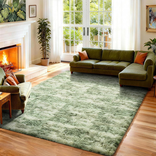 Ophanie Area Rugs - Fluffy Green and White Shag Carpet for Living Room | 6x9 Soft Plush Design
