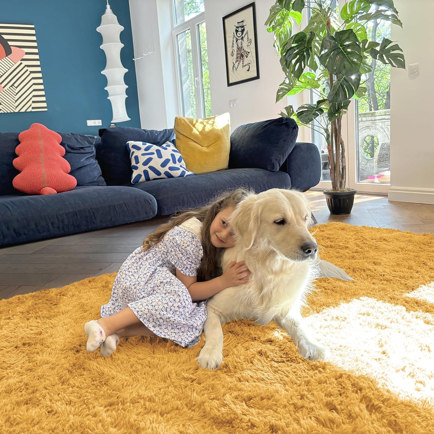 OLANLY Large Area Rug - Soft Fluffy Shaggy Carpet for Living Room & Bedroom | 5x8 Mustard Yellow