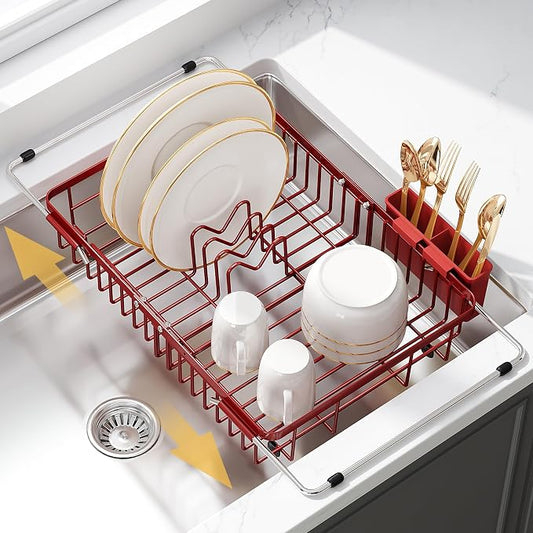 JASIWAY Red Expandable Stainless Steel Dish Drying Rack Over The Sink for Small Kitchen, Counter Space Saving Compact Plate Drainer Strainer, Adjustable Hanging Metal Dish Dryer with Utensil Holder