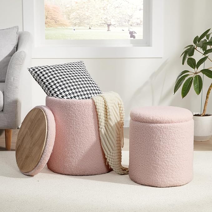 Royal Windsor Boucle Round Ottoman with Storage Set of 2,Small Foot Stool Ottoman for Living Room, Small Coffee Table,Vanity Stool with Storage for Bedroom, Pink